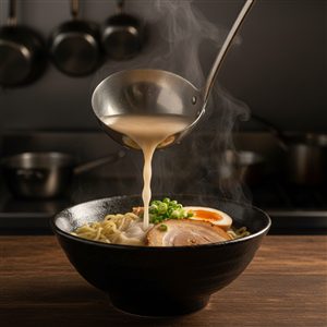 Broth being ladled into a bowl