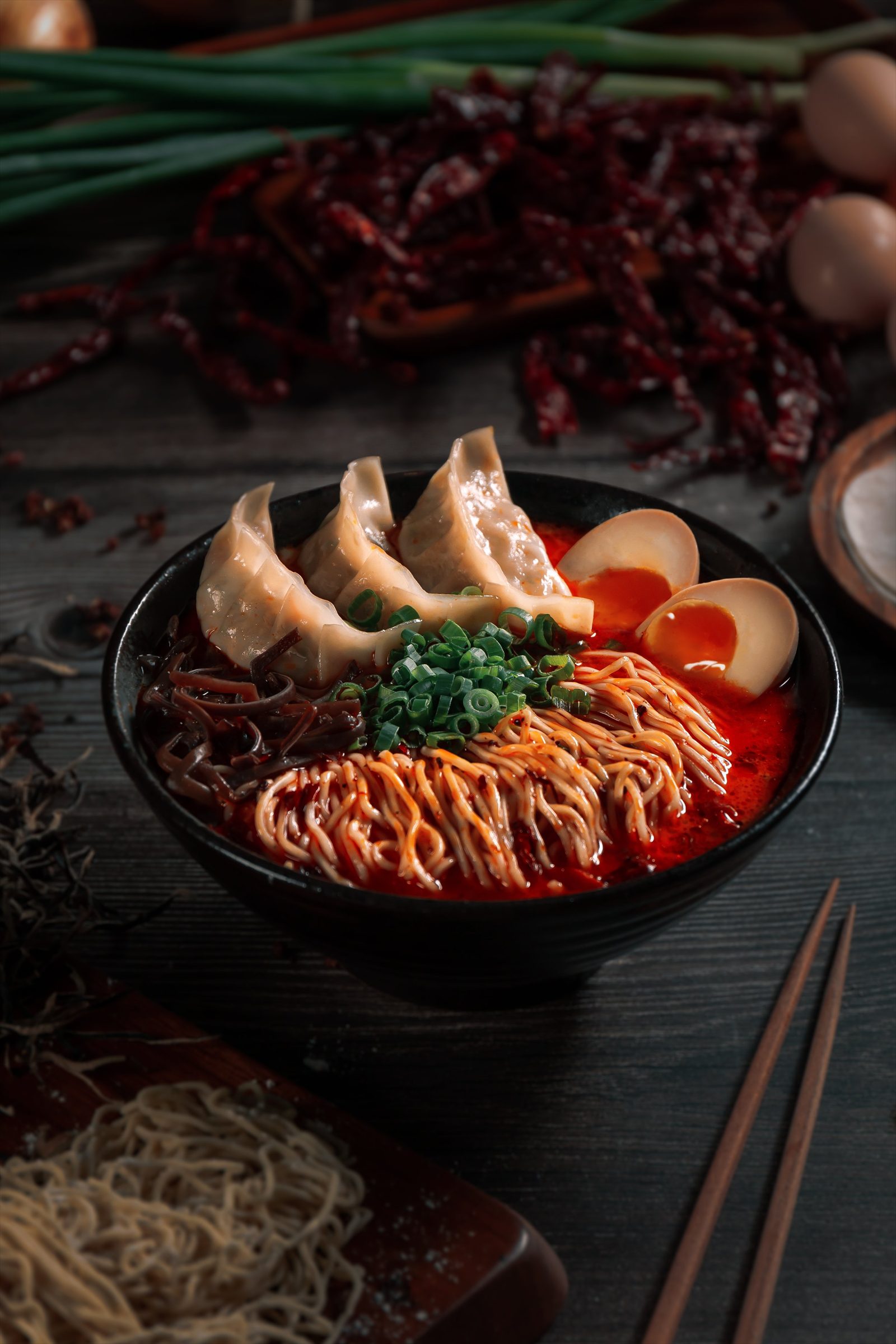 Spicy Mala Gyoza Ramen — málà broth with homemade steamed gyoza and ajitama at Ramen Mob PJ